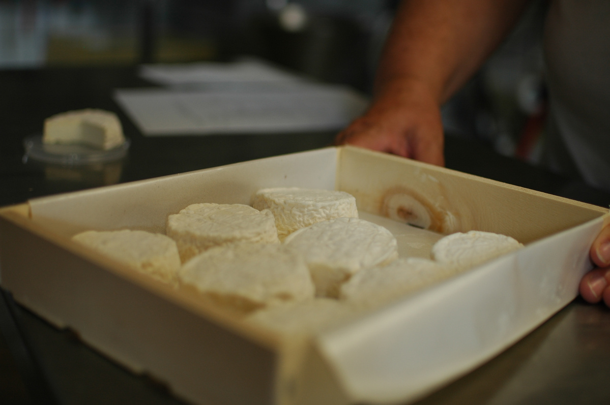 KI generiert: Mehrere Käsescheiben in einer flachen Holzkiste auf einer dunklen Oberfläche.