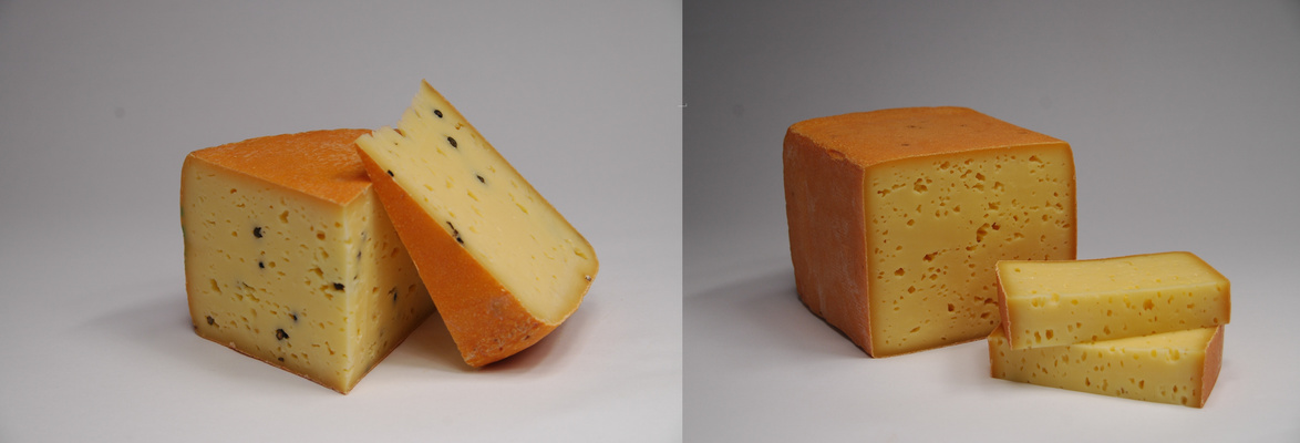 KI generiert: Zwei verschiedene Käsestücke auf weißem Hintergrund. Links mit Kräutern, rechts pur.