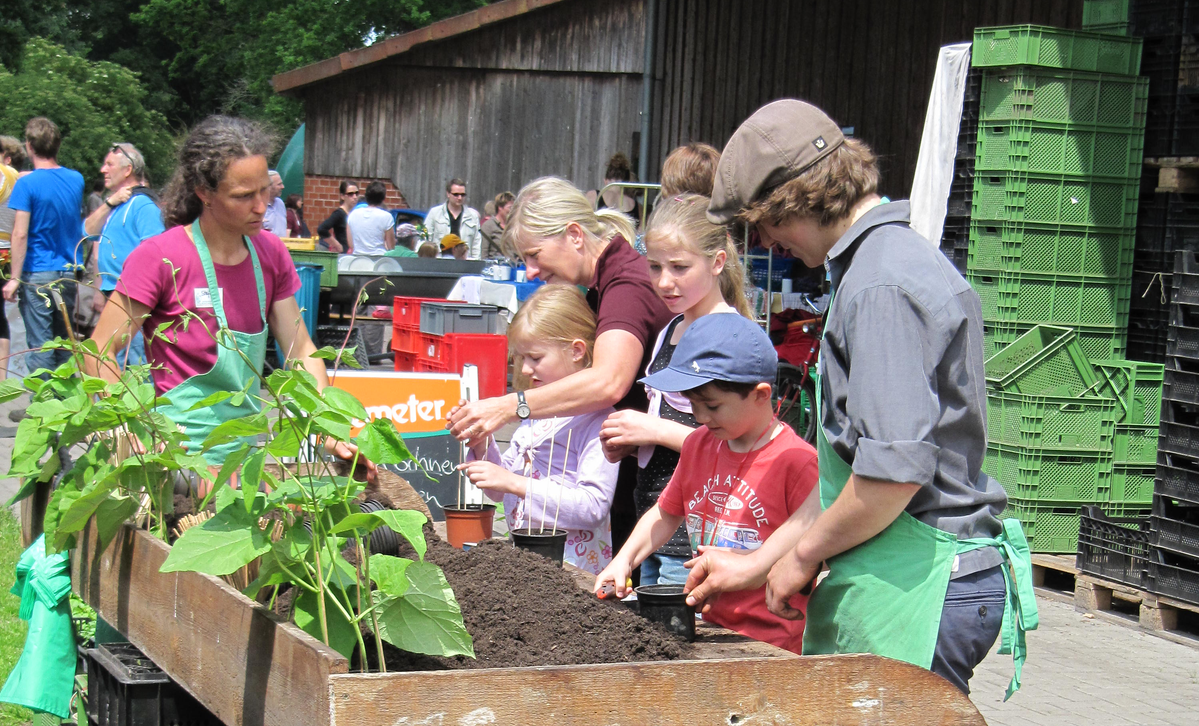 KI generiert: Menschen pflanzen Setzlinge ein und arbeiten gemeinsam in einem Garten. Text: "Demeter".